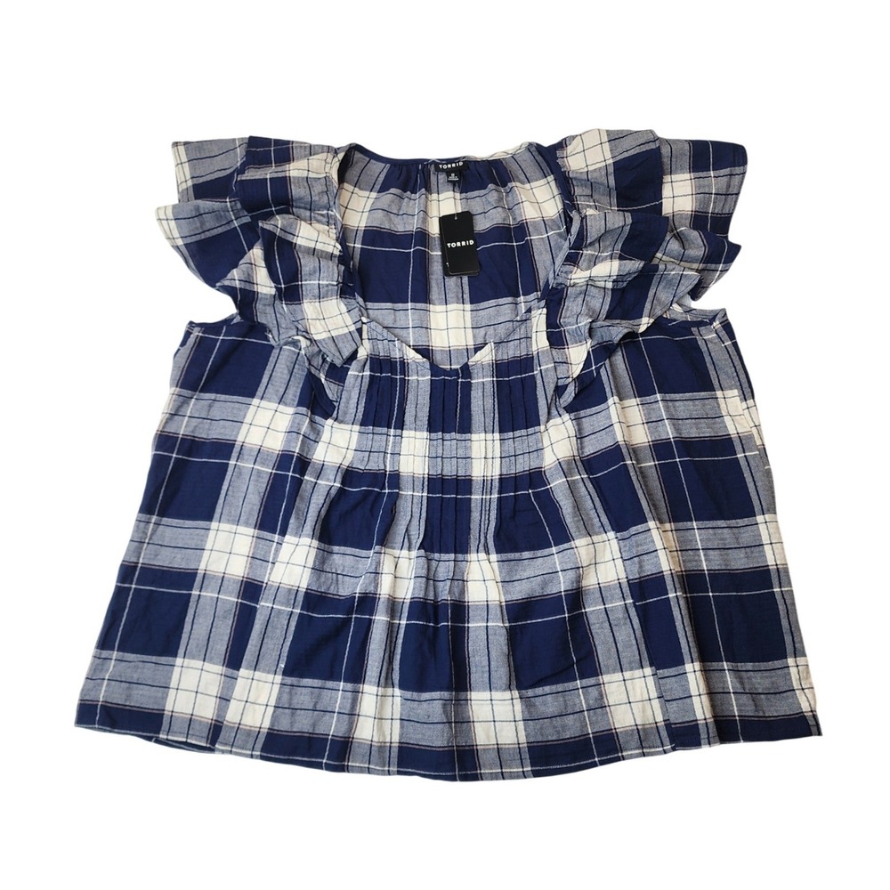 Torrid Cotton Flutter Sleeve Blouse 0(12/L) Blue Plaid Ruffle Boho Preppy Breezy